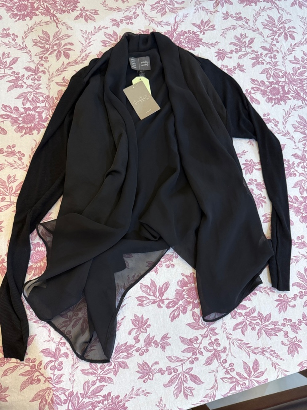 Anthropologie NWT fitted Black Sheer-Trim Draped Cardigan